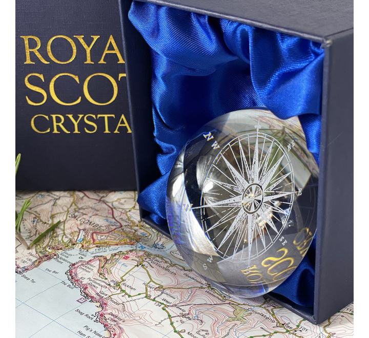 Crystal Glass Dome Paperweight engraved Compass Design 77mm