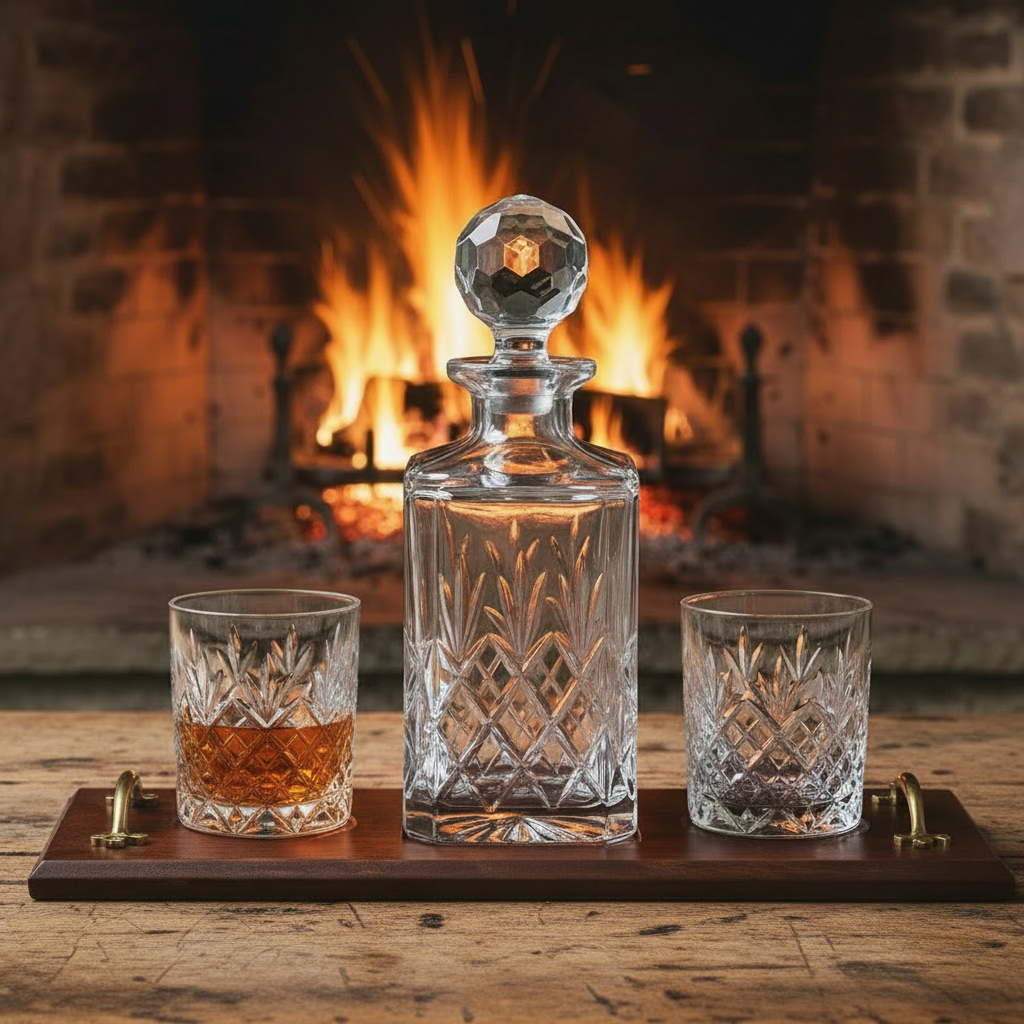 Wooden Trays with Crystal Decanters & Tumblers - Crystal Decanters