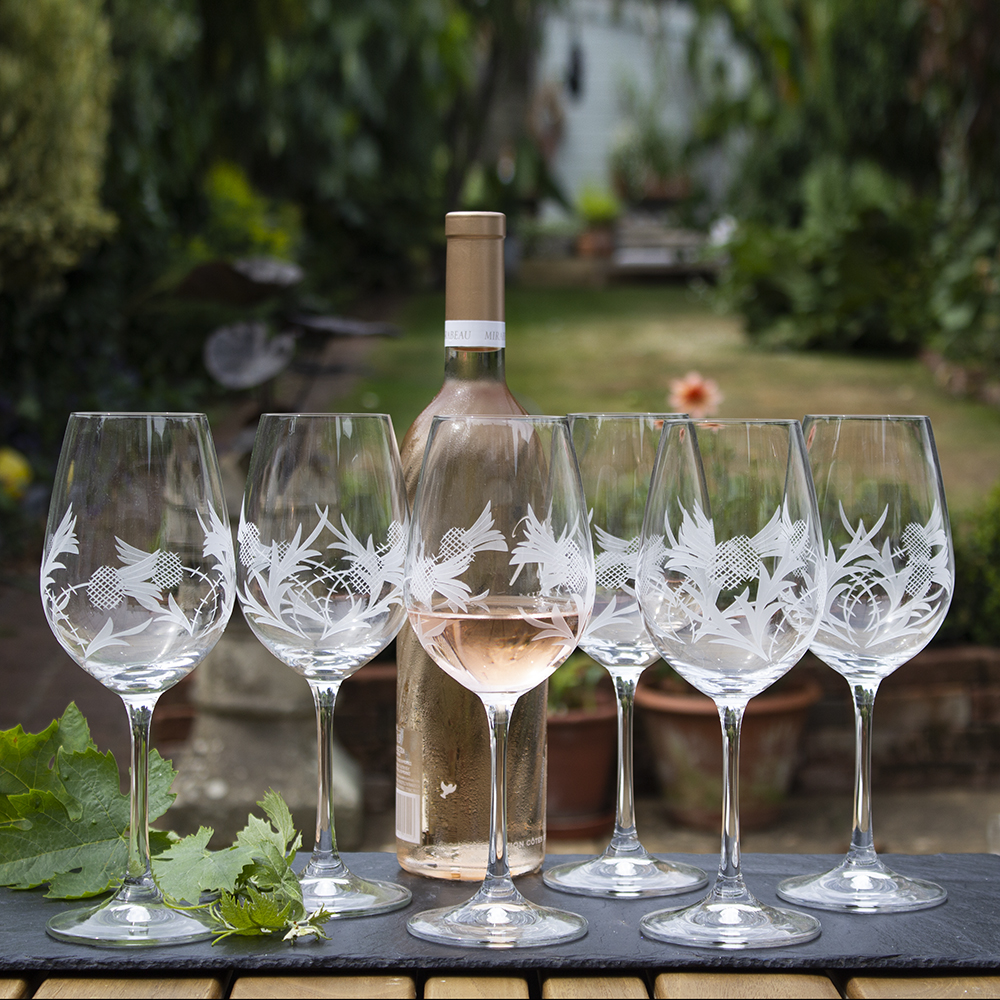 Flower of Scotland (thistle) - 6 Large Crystal Wine Glasses 223mm